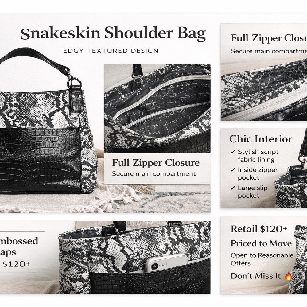 Modern Python Print Shoulder Tote With Croc Embos… - image 2